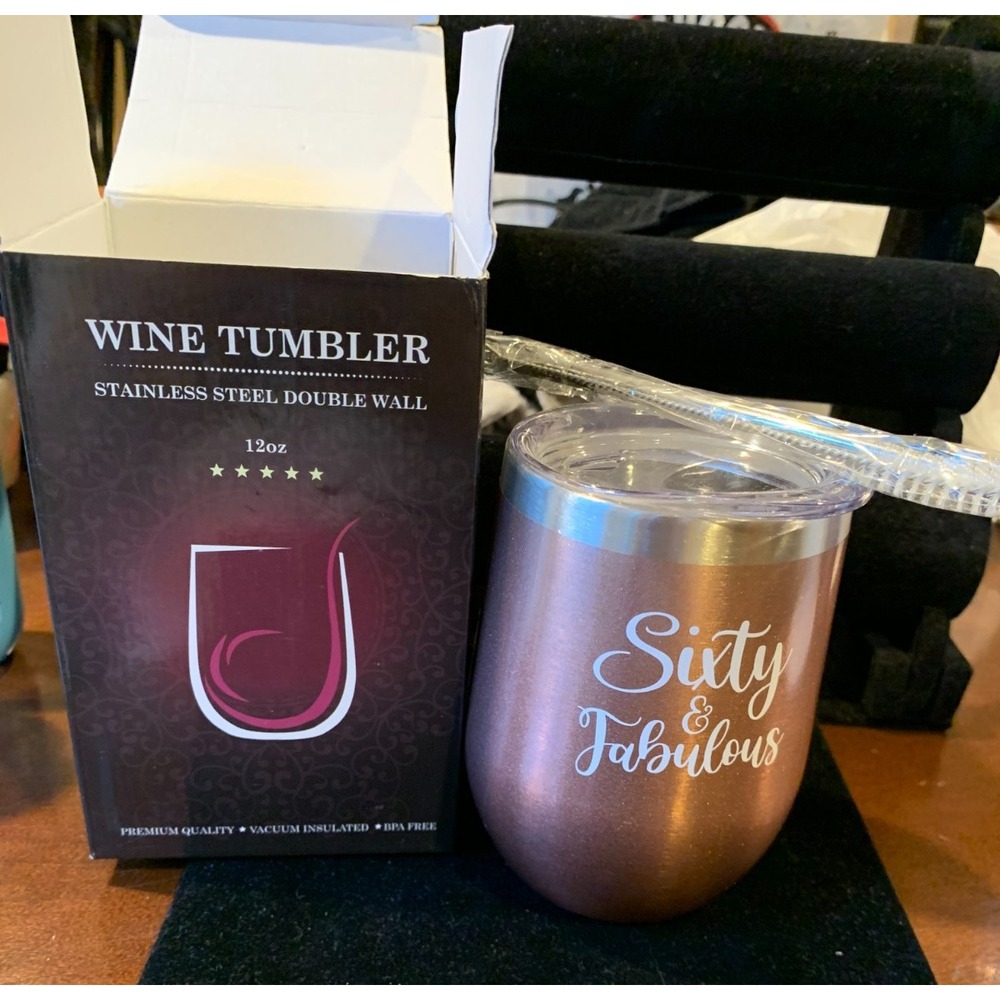 60th Sixty Birthday Gift 12 oz Wine Tumbler Cup Glass Stainless Steel NIB